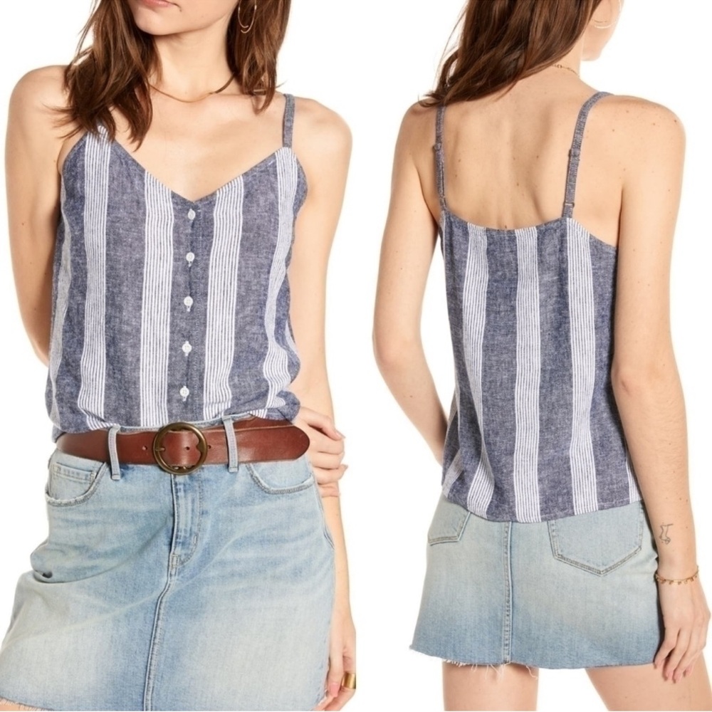 Treasure & Bond Linen Blend Teal & White Striped Tank Top